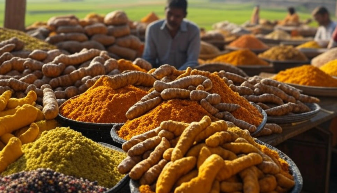Spice market in ancient India with green fields, temples under a golden sky, and people handling baskets of turmeric, reflecting its historical journey.