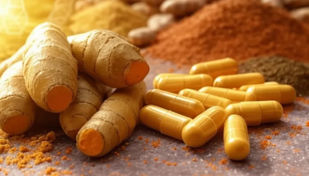 Turmeric root and curcumin supplement capsules